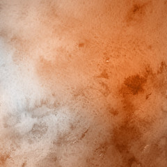 Orange with brown ink and watercolor textures on white paper background. Paint leaks and ombre effects. Hand painted abstract image.