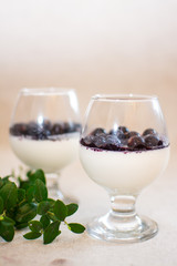 Panna Cotta with blueberry confiture and blueberries and a sprig of lingonberries.