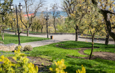 Odessa in the spring. Walking along the seaside boulevard, view of the Istanbul Park