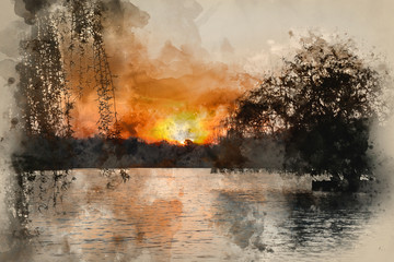 Watercolour painting of Beautiful vibrant Spring sunrise over calm lake in English countryside