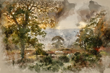 Watercolour painting of Beautiful foggy misty Autumn sunrise over countryside surrounding Crummock Water in Lake District in England