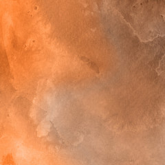 Fototapeta premium Orange with brown ink and watercolor textures on white paper background. Paint leaks and ombre effects. Hand painted abstract image.