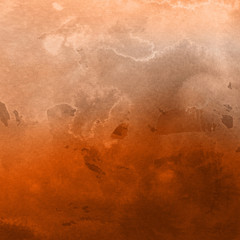 Orange with brown ink and watercolor textures on white paper background. Paint leaks and ombre effects. Hand painted abstract image. © artistmef