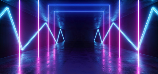 Vibrant Neon Background Glowing Purple Blue Pink Violet  Path Track Gate Entrance Sci Fi Futuristic Virtual Reality Dark Tunnel Concrete Grunge Reflective Laser Lights 3D Rendering