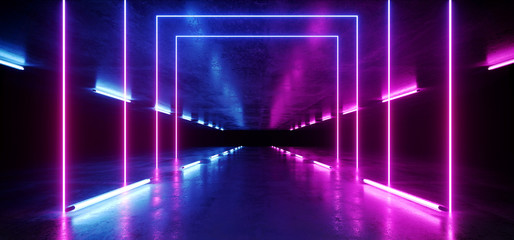 Vibrant Neon Background Glowing Purple Blue Pink Violet  Path Track Gate Entrance Sci Fi Futuristic Virtual Reality Dark Tunnel Concrete Grunge Reflective Laser Lights 3D Rendering