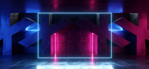 Dark Vibrant Rectangle Neon Retro Fluorescent Laser Virtual Reality Purple Blue Pink Glowing Lights On Concrete Grunge X Shaped Room Hall Corridor Glossy Sci Fi Futuristic Modern 3D Rendering