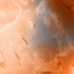 Fototapeta premium Orange with brown ink and watercolor textures on white paper background. Paint leaks and ombre effects. Hand painted abstract image.