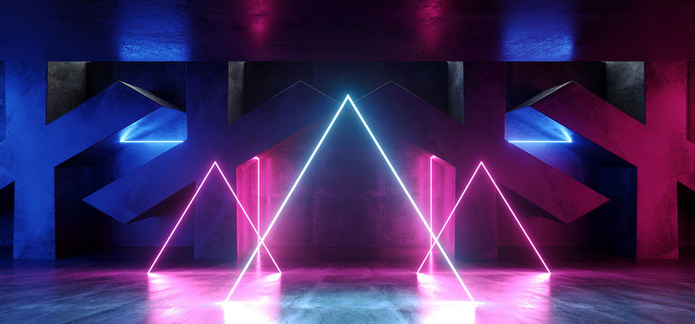 Dark Vibrant Circle Triangle Neon Retro Fluorescent Laser Virtual Reality Purple Blue Pink Glowing Lights On Concrete Grunge X Shaped Room Hall Corridor Glossy Sci Fi Futuristic Modern 3D Rendering © IM_VISUALS