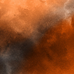 Orange with brown ink and watercolor textures on white paper background. Paint leaks and ombre effects. Hand painted abstract image.