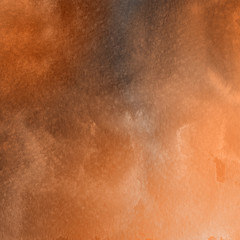 Orange with brown ink and watercolor textures on white paper background. Paint leaks and ombre effects. Hand painted abstract image.
