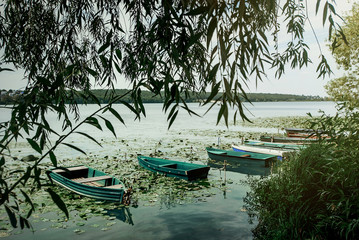 Naklejka na ściany i meble amazing view at old colorful wooden boats at sunny lake at the city, summer vacation concept