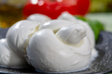 Twisted to form a plait treccia mozzarella Italian soft cheese served with fresh basil and tomatoes