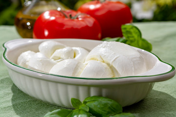 Twisted to form a plait treccia mozzarella Italian soft cheese served with fresh basil and tomatoes