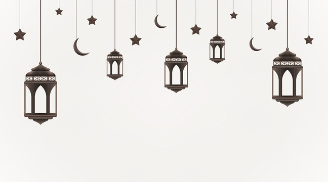 Ramadan Kareem background. Hanging lanterns, crescents and stars. Muslim feast of the holy month. Eid Mubarak greeting card template for Ramadan and Muslim Holidays