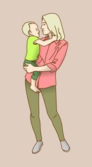 A young woman holds a child in her arms.