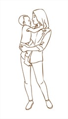 A young woman holds a child in her arms. Outline.