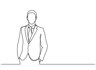 continuous line drawing of businessman standing. vector illustration isolated on white background