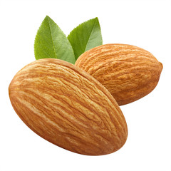 Close-up of two almonds, isolated on white background