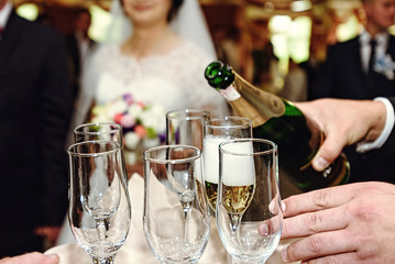 celebrating and toasting happy group of people with champagne at the  wedding reception