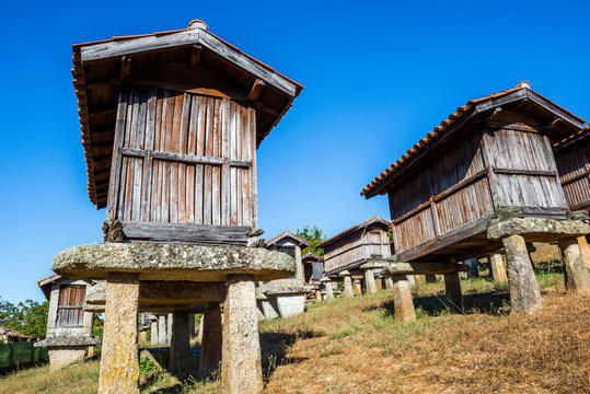 Horreos (granaries) of A Merca, the highest concentration of horreos in Galicia, Spain