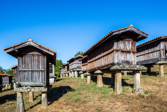 Horreos (granaries) of A Merca, the highest concentration of horreos in Galicia, Spain