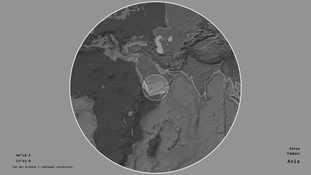 Yemen and its capital circled and zoomed on the global bilevel map in the van der Grinten I projection with animated oblique transformation. Animation 3D