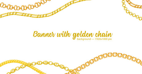 Horizontal web banner with abstract pattern of hand-drawn sketch golden chain isolated on white background