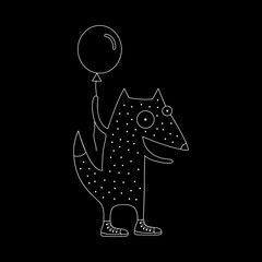 Cute cartoon hand drawn hipster fox drawing. Funny vector black and white hipster fox drawing. Isolated monochrome doodle hipster fox drawing on black background.