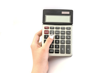 calculator and hand isolated on white background