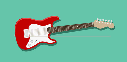 Isolated red and white electric guitar with a green background. Musical instrument. Flat style vector illustration.