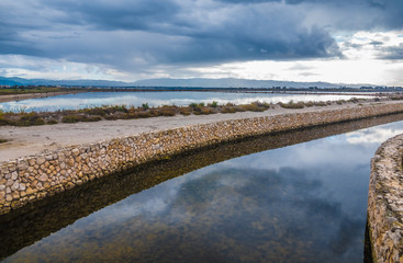 Molentargius Saline Regional Park near Cagliari, Sardinia, Italy. A wetland with fresh and saltwater reservoirs separated by sandy stretches