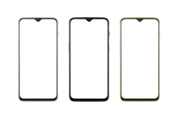 Modern thin and round edges phone in silver, black and gold color. White screen for mockup, isolated.