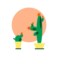 Hand-drawn illustration circle coral background with set cactuses in pots in flat cartoon style. Concept for poster, print, advertising,  t-shirt