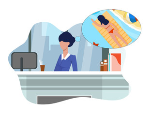Flat Woman Dreams about Vacation Sitting at Work.