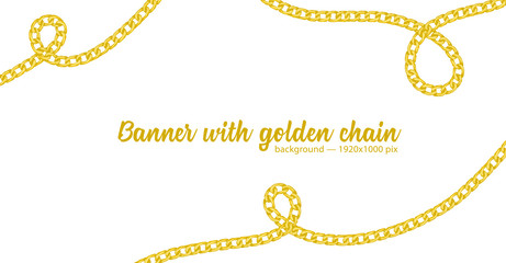 Horizontal web banner with abstract pattern of hand-drawn sketch golden chain isolated on white background