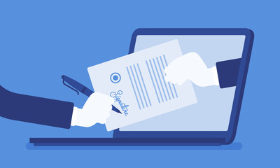 Electronic signature on laptop. Business Esignature technology, digital form attached to electronically transmitted document, verification of intent to sign agreement, legal deal. Vector illustration