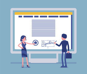 Electronic signature on PC screen. Esignature technology for male and female business partnership sign agreement, safe e-commerce data in electronic form. Vector illustration, faceless characters