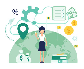 Bank office female professional manager. Financial center modern corporate design, woman of banking branch, employee to deal with services, customers. Vector abstract illustration, faceless character