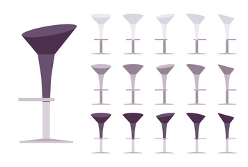 Pedestal barstool. Bar and cafe furniture, high dinning chair for home or restaurant, comfort form seat. Vector flat style cartoon illustration isolated on white background, different views and colors