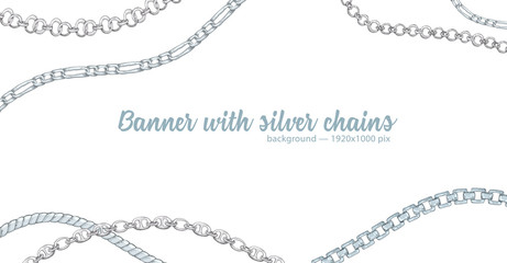 Horizontal web banner with abstract pattern of hand-drawn sketch silver chain isolated on white background