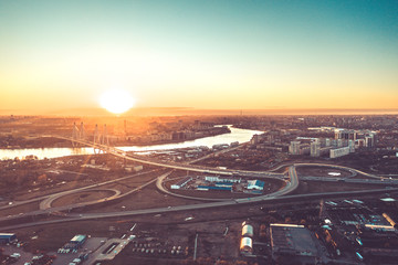 Fototapeta premium Aerial Drone Flight View of freeway busy city rush hour heavy traffic jam highway. 