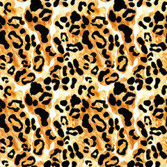 Watercolor leopard coat seamless pattern with black spots on yellow - brown background. African wild cats fur print. Exotic camouflage repeat texture. For textile, clothes, wallpapers.