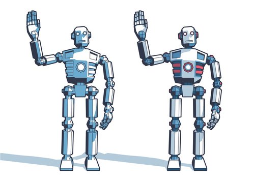 Robot man welcomes waving his hand - retro clipart vector illustration.