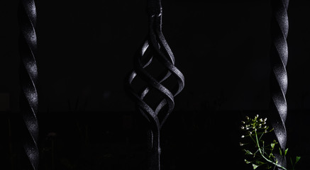 wrought iron fence close up ornament. low key photo