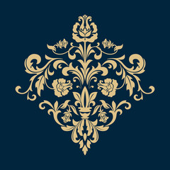 Damask graphic ornament. Floral design element. Dark blue and gold vector pattern