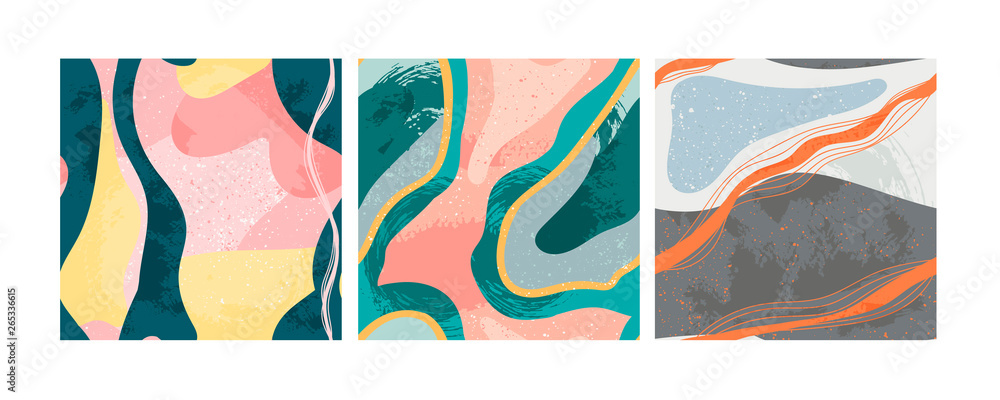 Poster set of three hand drawn abstract contemporary seamless patterns. smooth lines. stone texture. modern