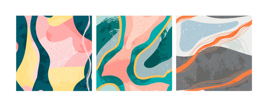 Set of three hand drawn abstract contemporary seamless patterns. Smooth lines. Stone texture. Modern trendy colorful illustration in vector. Marbleized effect. Every pattern is isolated
