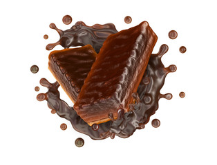 Melted dark chocolate or chocolate syrup splash with crispy choco wafer candies isolated. Chocolate bars and liquid swirl splash design advertising element. Chocolate flavors. 3D render