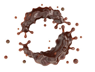 Liquid melted chocolate or delicious chocolate sauce swirls splashes twisted. Yummy confectionery liquid hot dark chocolate template. Advertising design element isolated. 3D render