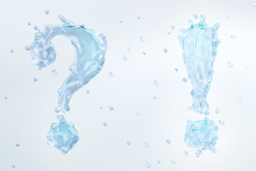 Fototapeta na wymiar Water splash with water droplets in the form of fluid question and exclamation mark from water alphabet, isolated on light background. Liquid template fluid design element. 3D render